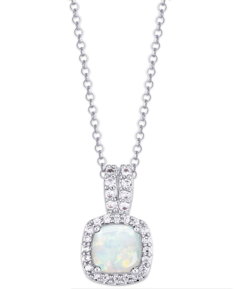 Birthstone Cushion Halo Pendant Necklace in Silver Plate
