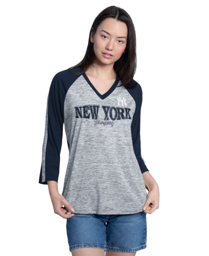 Women's Navy/Heather Navy New York Yankees Speed Training 3/4-Sleeve Rhinestone V-Neck T-Shirt