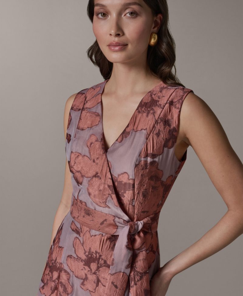 Women's Sleeveless Jacquard Faux Wrap V-Neck Floral Midi A-Line Dress
