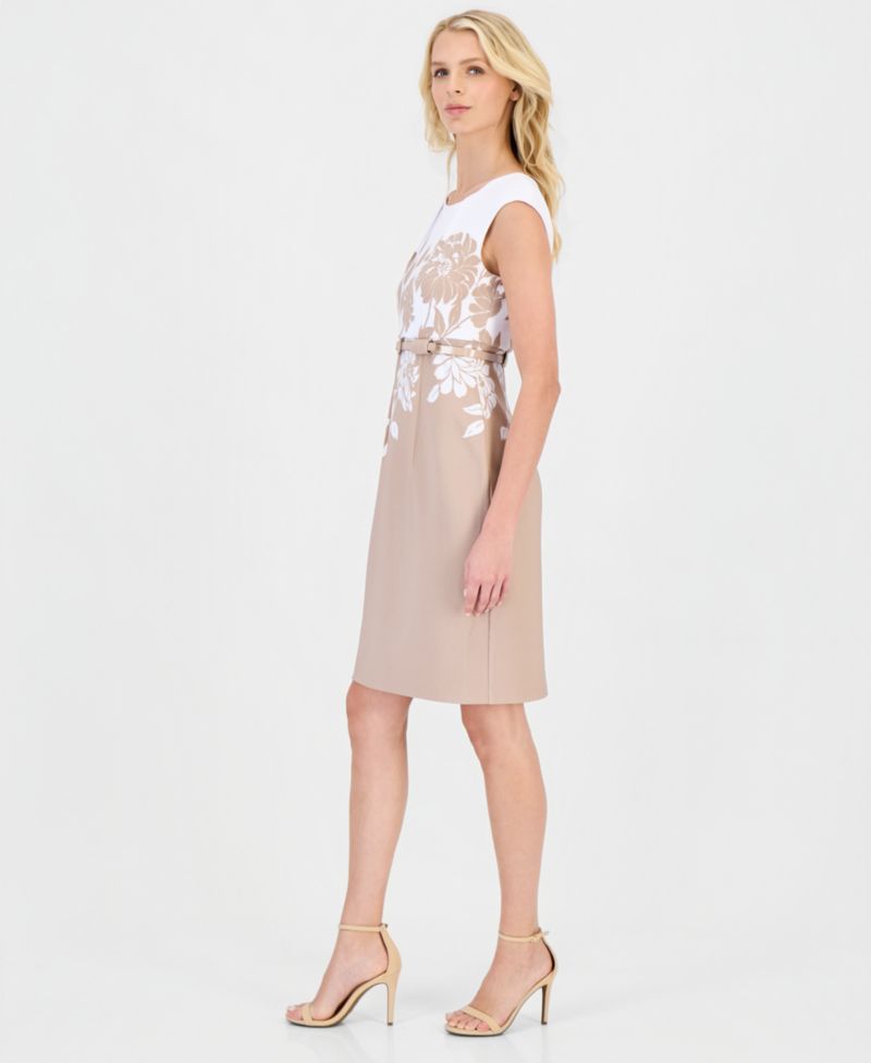 Women's Placed-Print Belted Sheath Dress