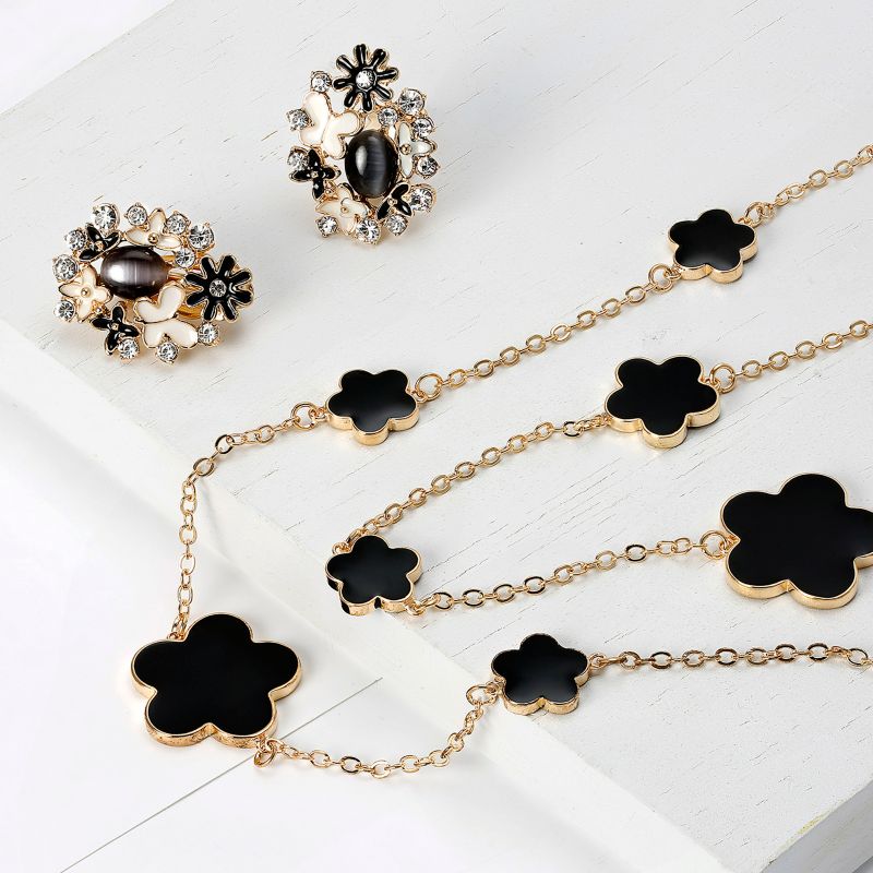Large and Small Enamel Flower Station Chain Wrap Layer Clover Necklace Rose Gold Plated