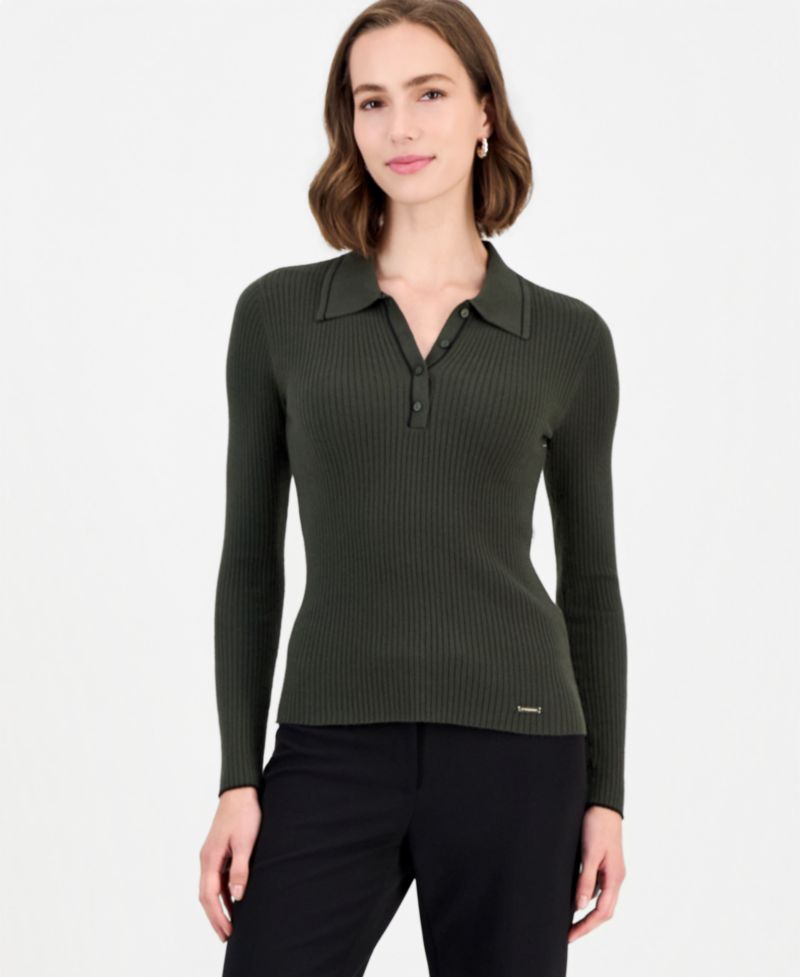 Women's Long-Sleeve Ribbed Polo Sweater