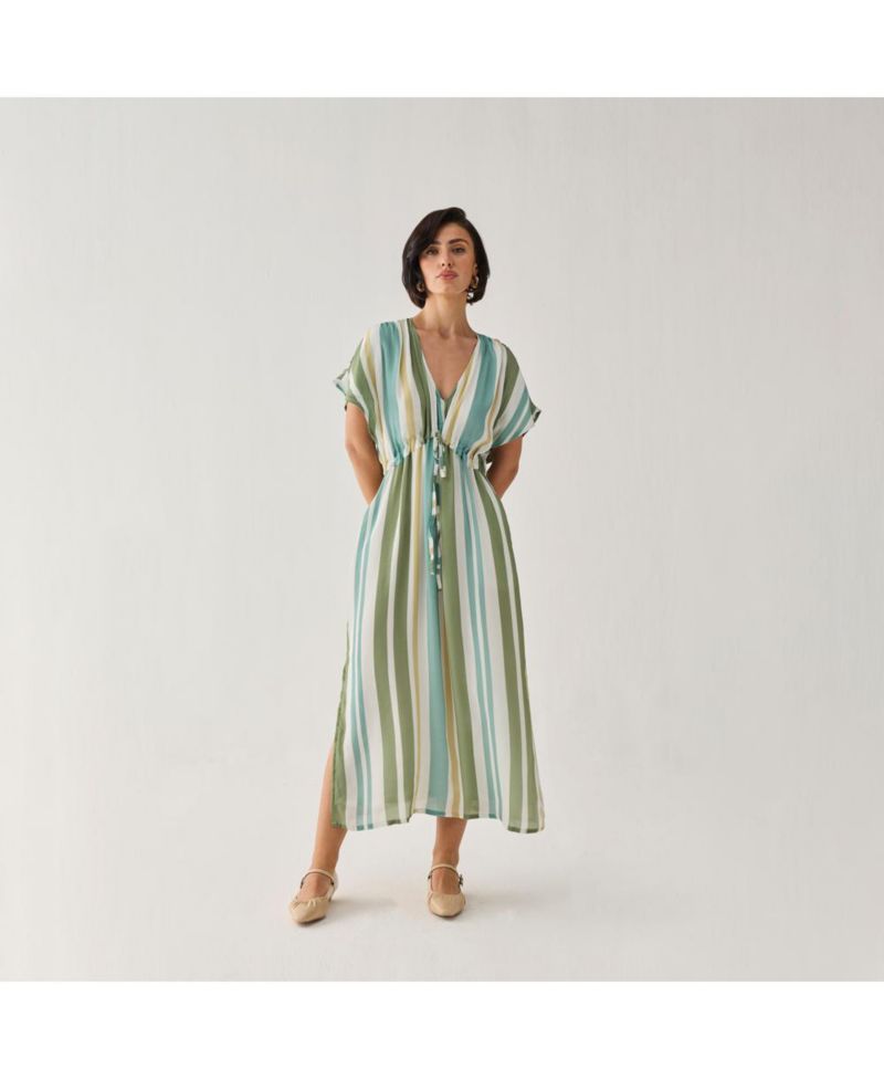 Women's Striped Drawstring Waist Maxi Dress