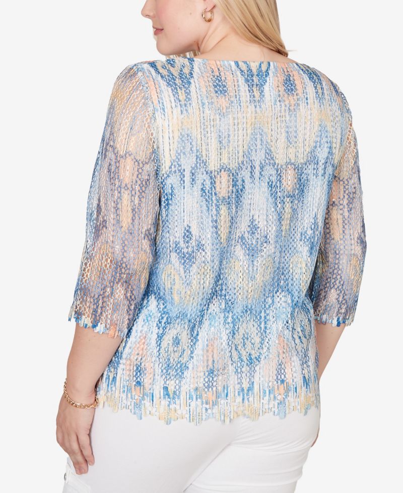 Petite Out of the Blue Dramatic Ikat Scallop Trim Crewneck Top