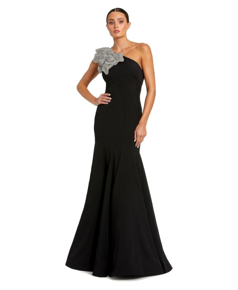 Petite Crepe One Shoulder Gown With Flower Detail
