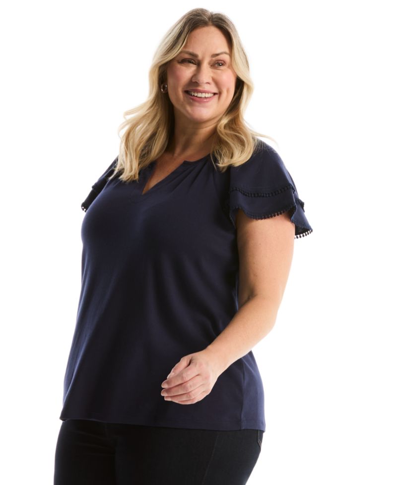 Plus Size Eyelet Flutter-Sleeve Split Neck Short-Sleeve Top