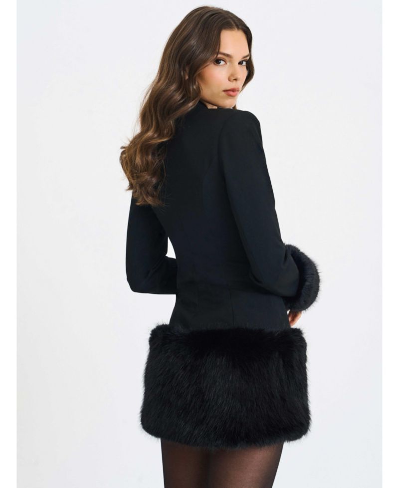 Women Wenona Black Faux Fur Trimmed V-Neck Mini Blazer Dress