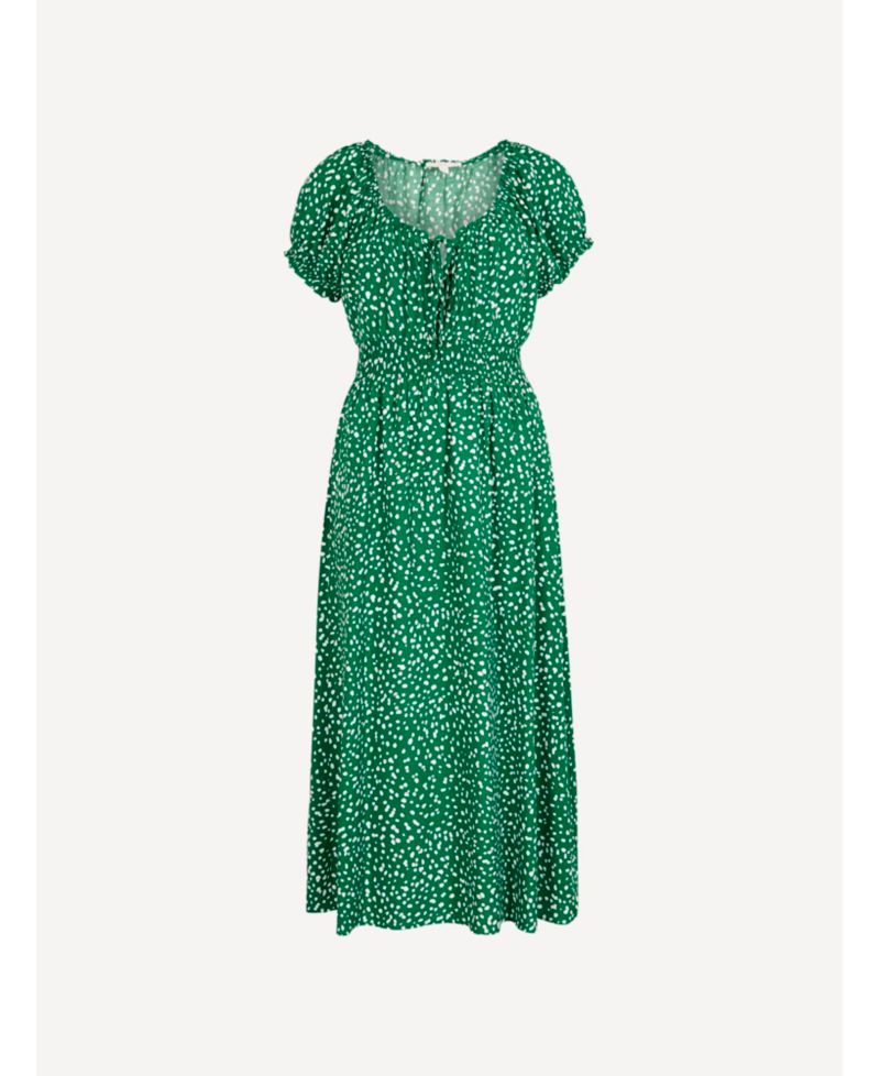 Women's Milkmaid Midi Spot Printed Smocked-Waist Puff-Sleeve Dress