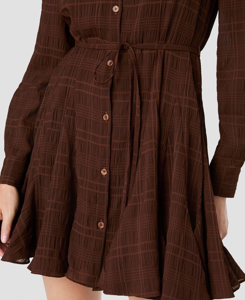 Women's Collared Long-Sleeve Tie-Waist Mini Dress