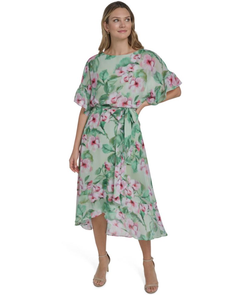 Petite Jewel Neck Ruffle-Sleeve Dress