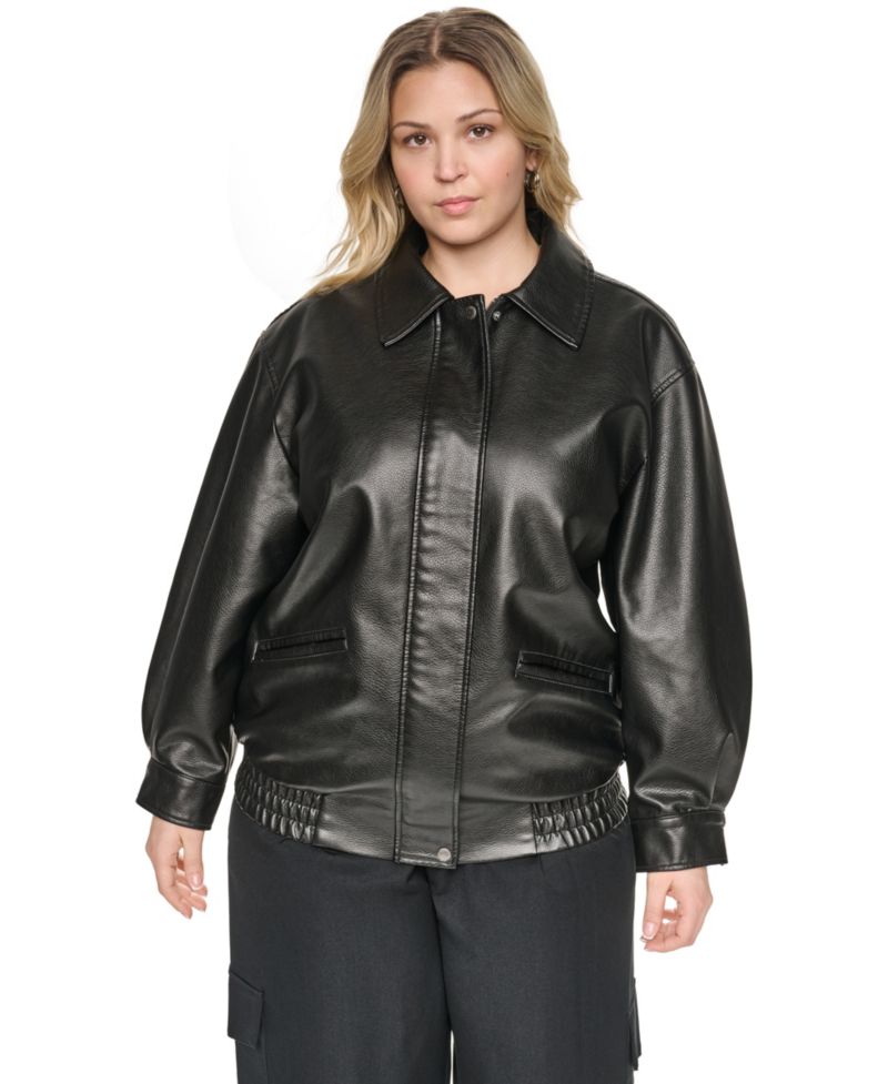 Plus Size Relaxed-Fit Faux Leather Bomber Jacket