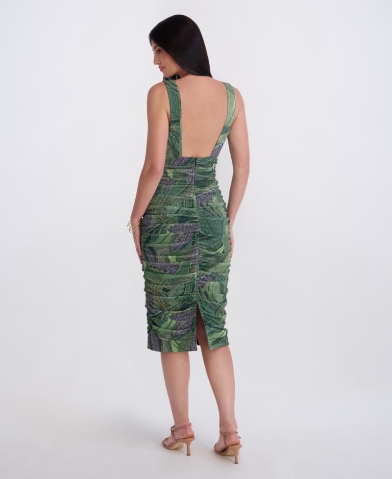 Women's V-Neck Printed Mesh Midi Dress