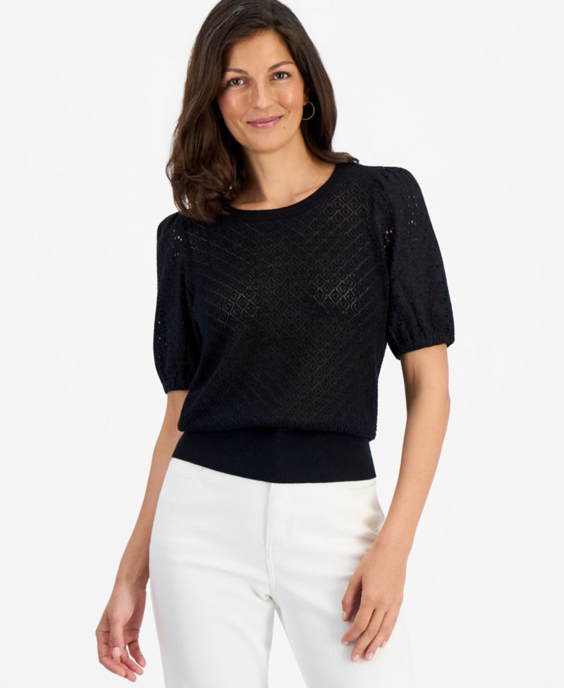 Women's Mixed-Media Pointelle Short-Sleeve Sweater