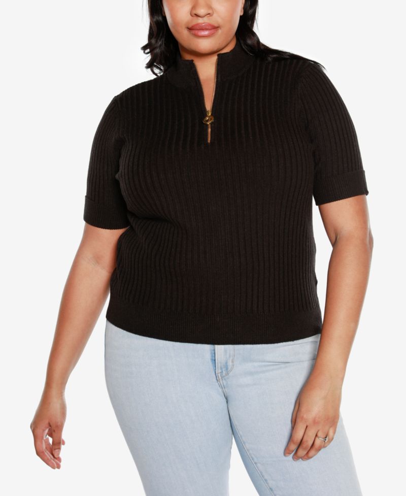 Black Label Plus Size Ribbed Zip Mock Neck Top