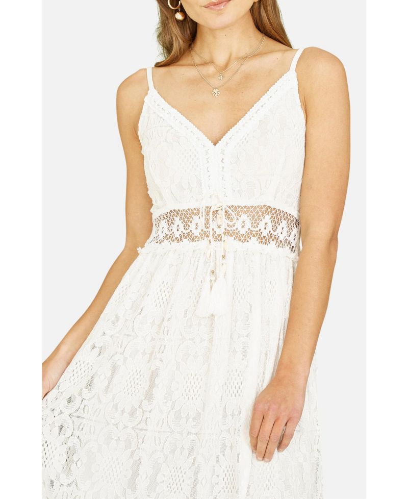 Women's Lace Embroidered Tassel Tie Midi Dress