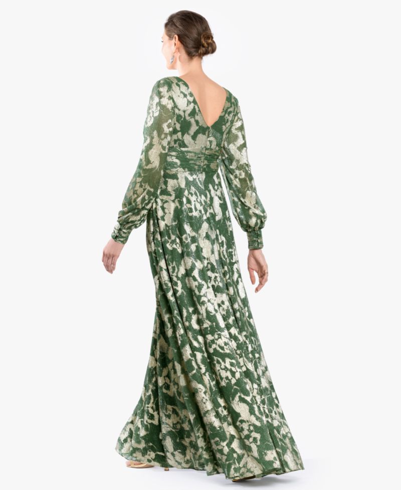 Women's Long-Sleeve V-Neck Metallic Floral Gown
