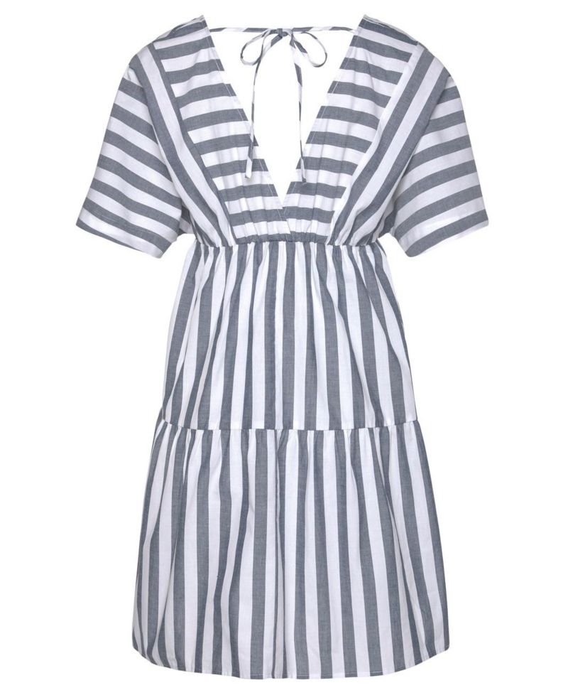 Women's Cotton Striped Tiered V-Neck Elastic-Waist Short Dress