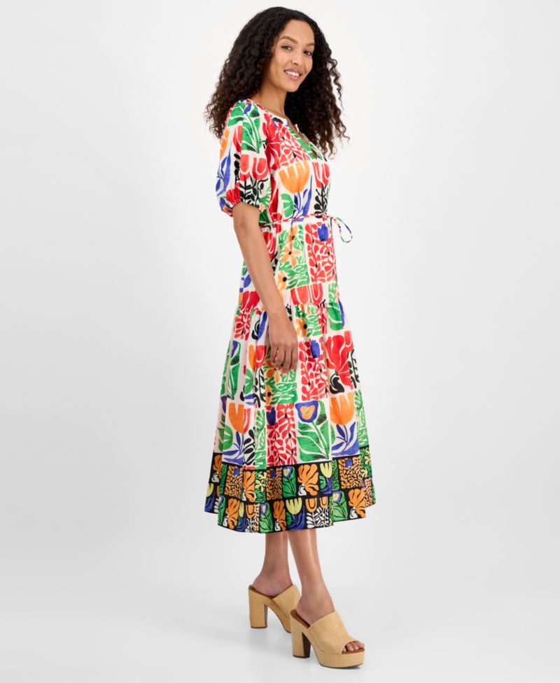 Women's Printed V-Neck Puff-Sleeve Midi Dress
