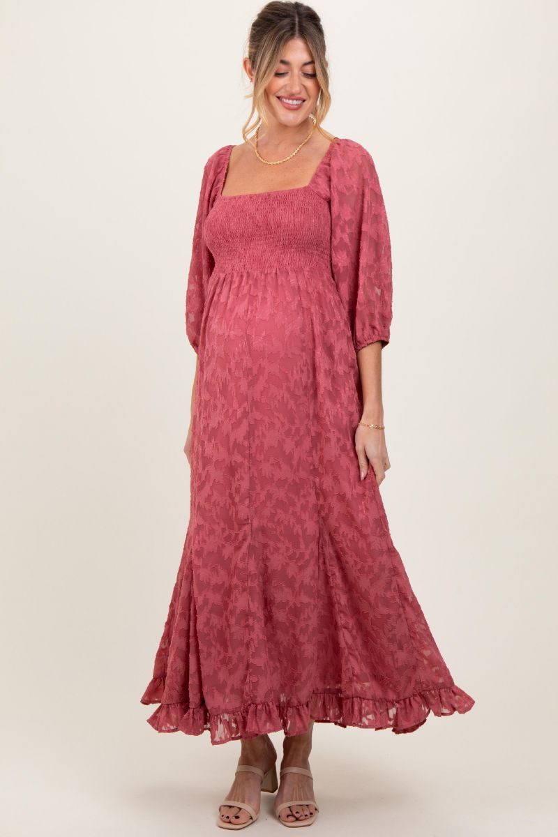 Women's Mauve Textured Overlay Smocked Ruffled Hem Maxi Dress
