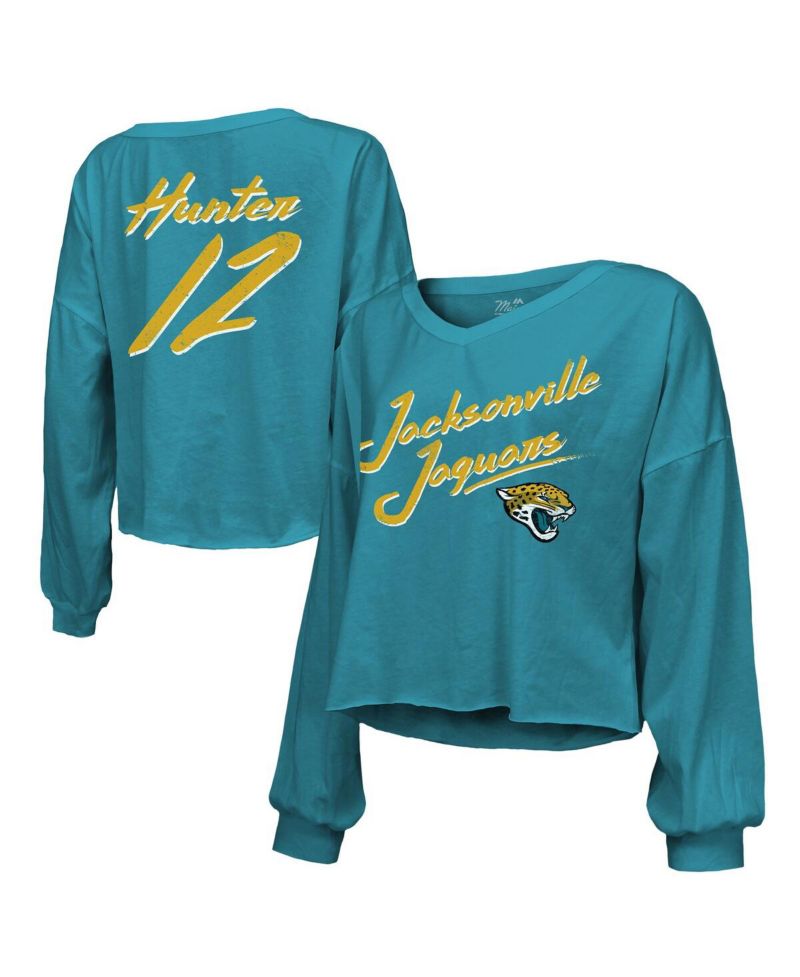 Women's Travis Hunter Teal Jacksonville Jaguars 2025 NFL Draft First Round Pick Off-Shoulder Script Name & Number V-Neck T-Shirt
