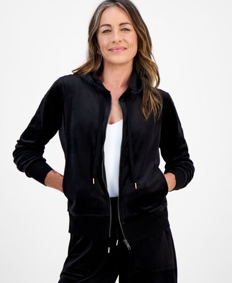Petite Zip-Front Long-Sleeve Velour Hoodie