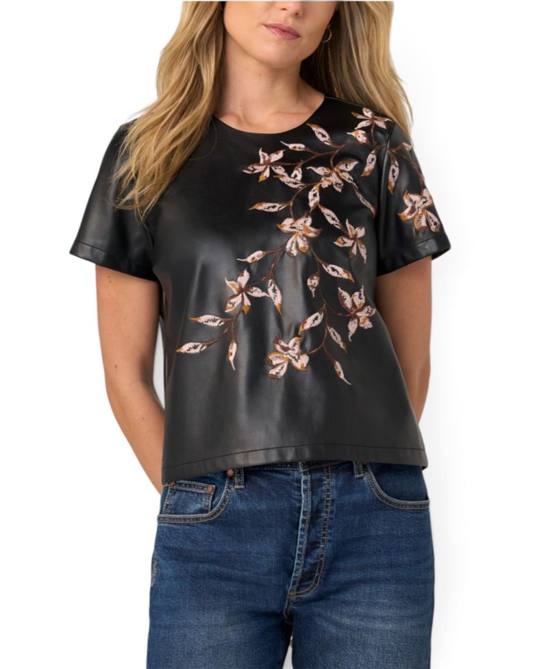 Women's Floral-Embroidered Short-Sleeve Faux Leather Tee