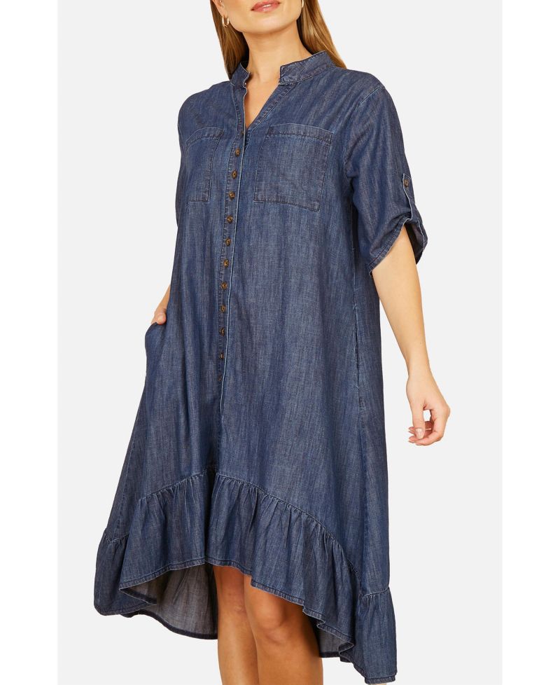 Women's Denim Dip Hem Relaxed Fit Shirt Dress