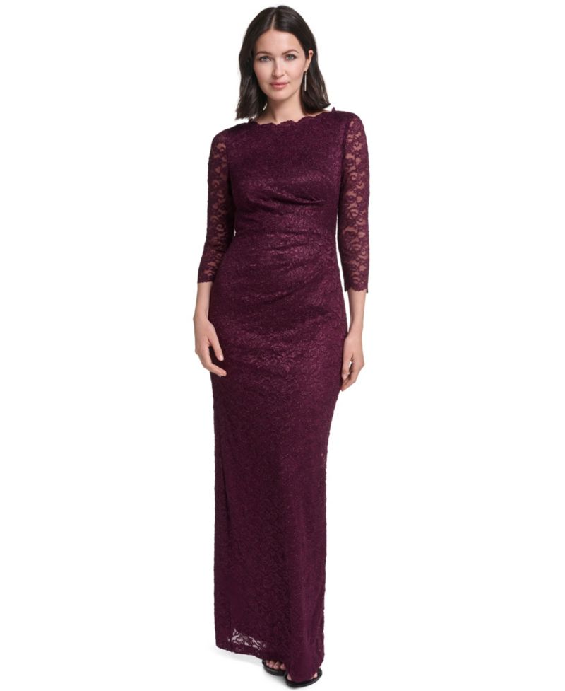 Petite 3/4-Sleeve Side-Tuck Lace Gown