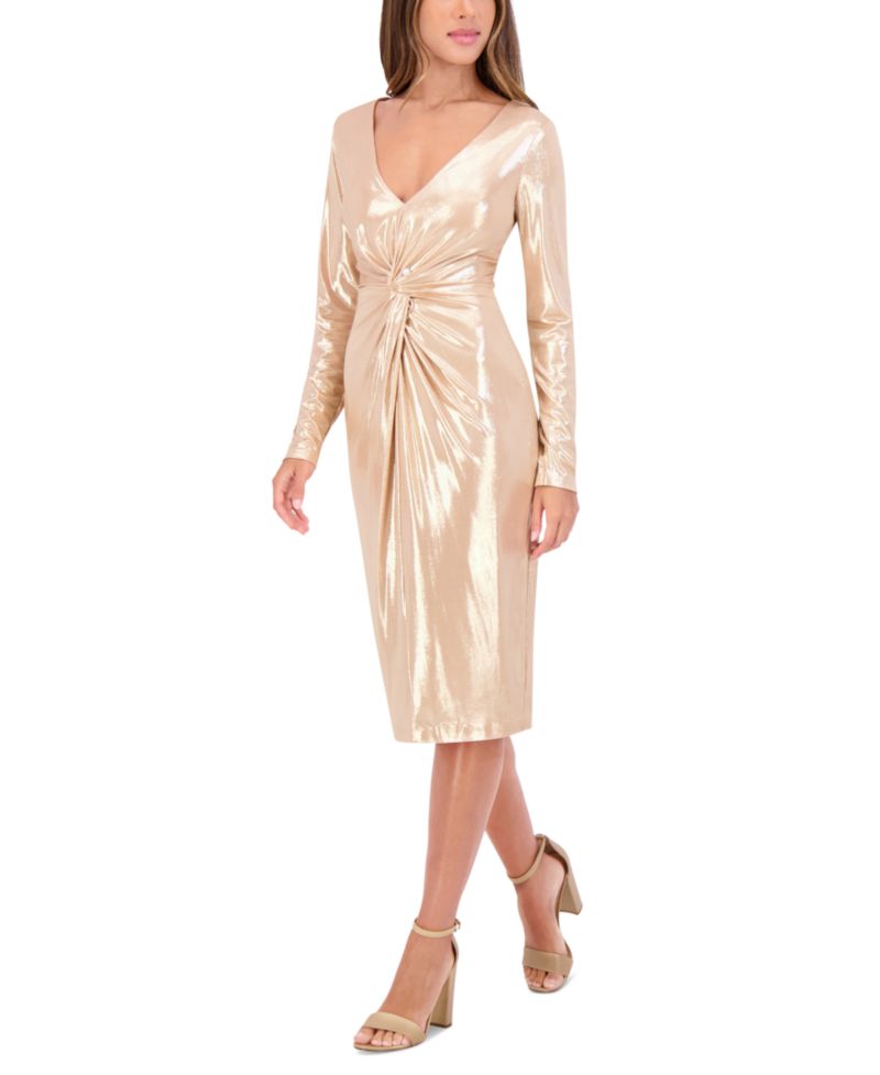 Women's Metallic Twist-Waist Long-Sleeve Sheath Dress