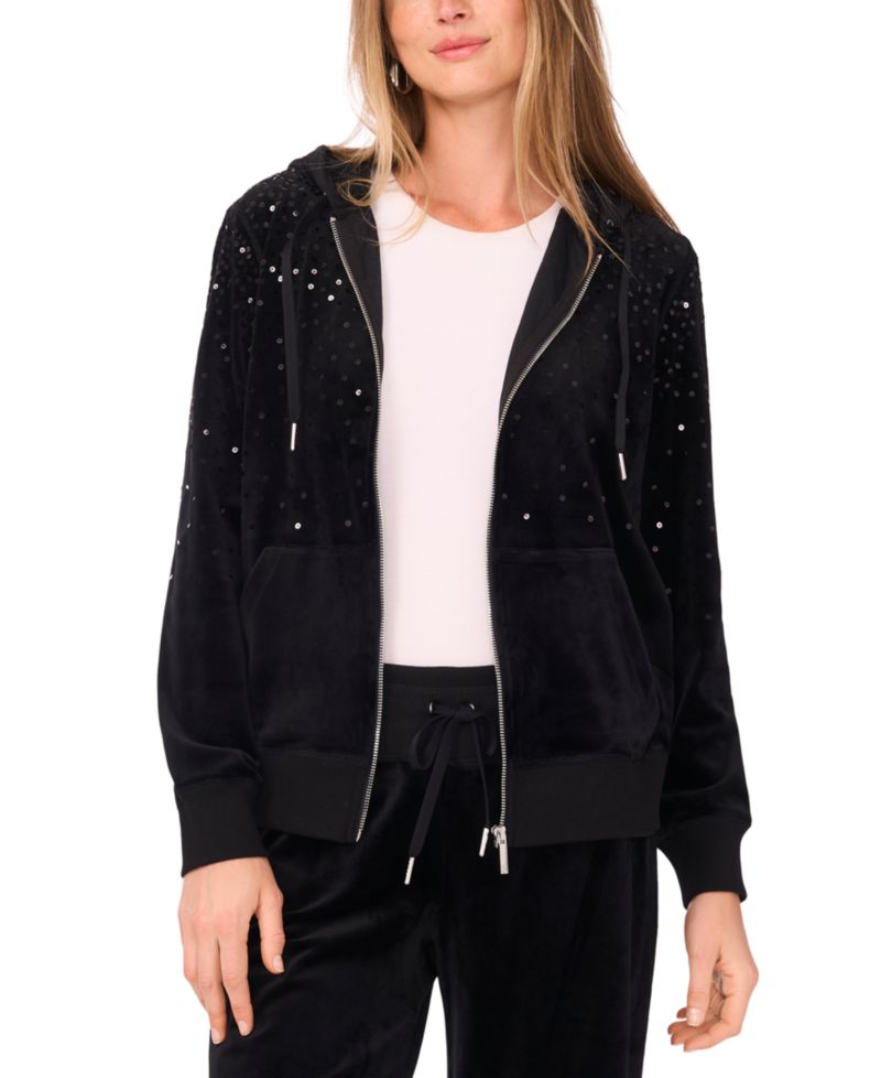 Plus Size Velour Zip-Front Hoodie Jacket