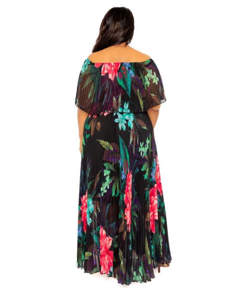 Plus Size Ombre Off Shoulder Pleated Maxi Dress