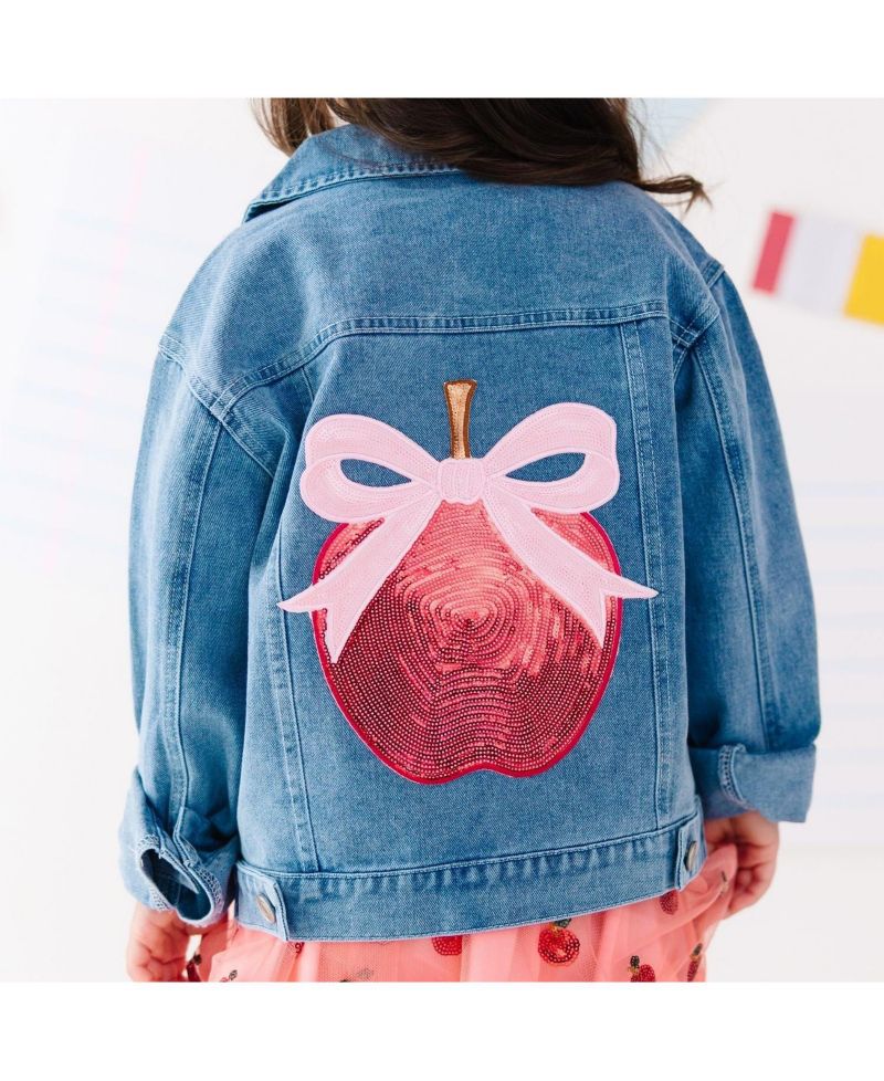 Little Girls Apple Bow Sequin Patch Denim Jacket
