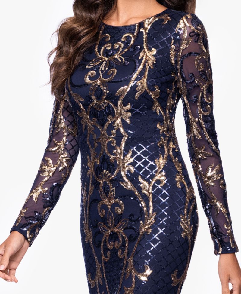 Betsy & Adam Petite Sequinned Mesh-Sleeve Evening Gown