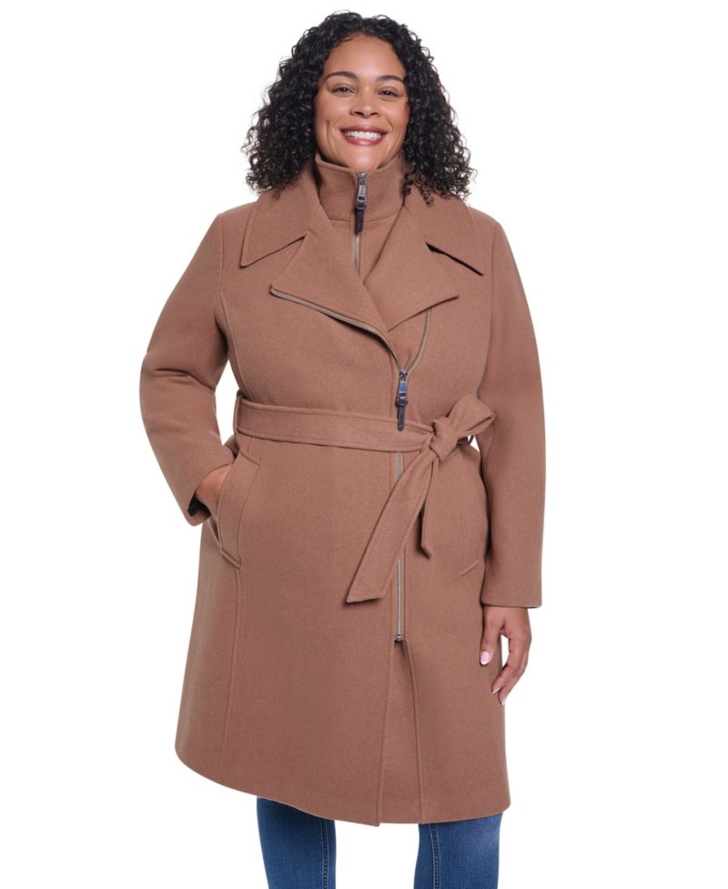 Plus Size Wool-Blend Belted Wrap Coat with Bib