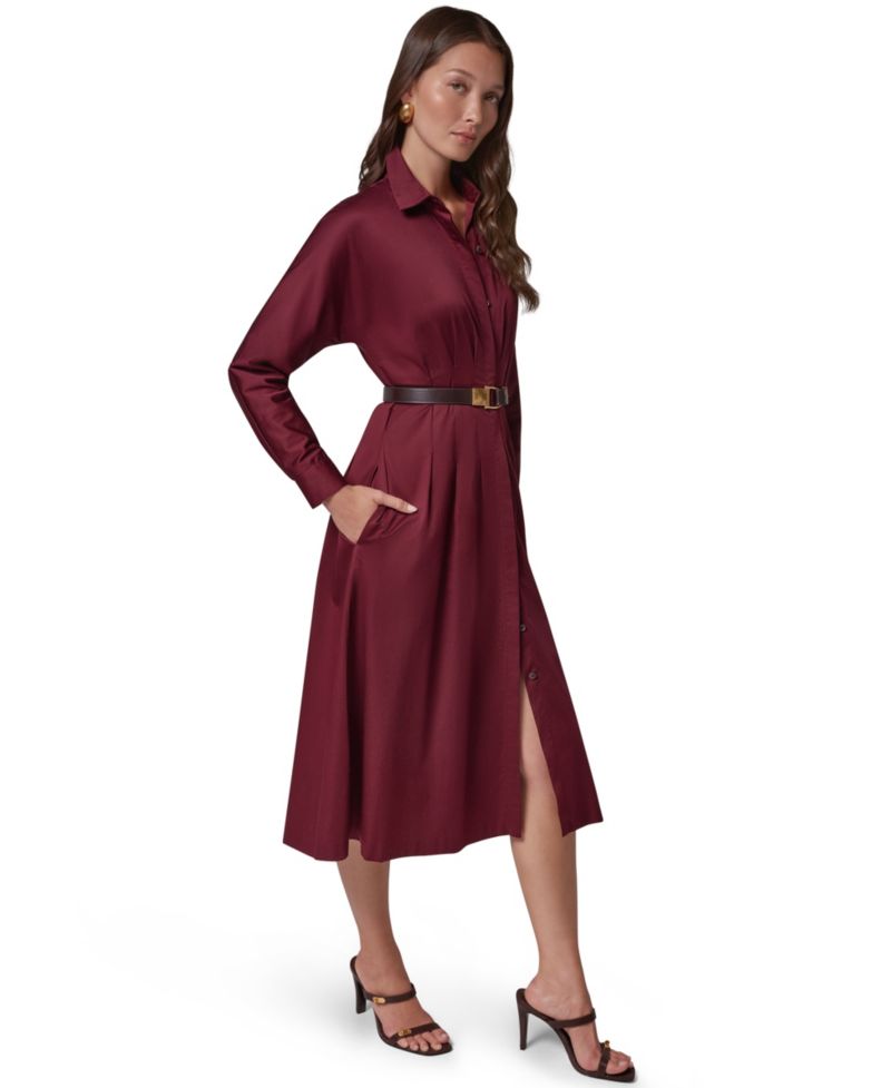 Women's Long Sleeve Belted Midi Shirtdress