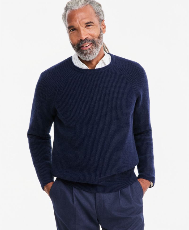 Men's Cashmere Wool Blend Long-Sleeve Waffle Wool Crewneck Sweater, Macy's Exclusive