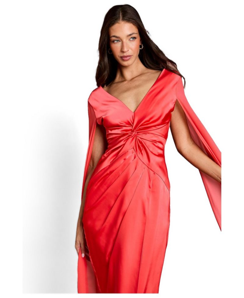 Women's Cape Sleeve V-Neck Satin Maxi Dress