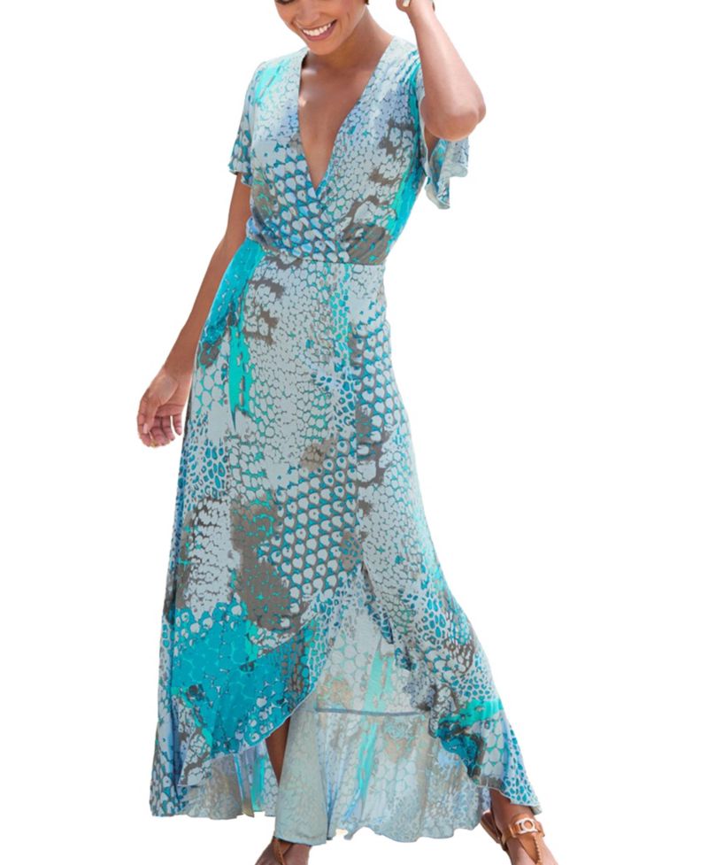 Women's Viscose Printed Side Slit Ruffle-Trim Maxi Dress