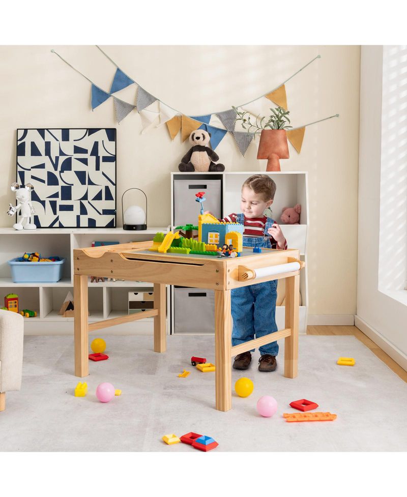 Wooden Building Block Activity Desk for Kids with Storage and Paper Roll