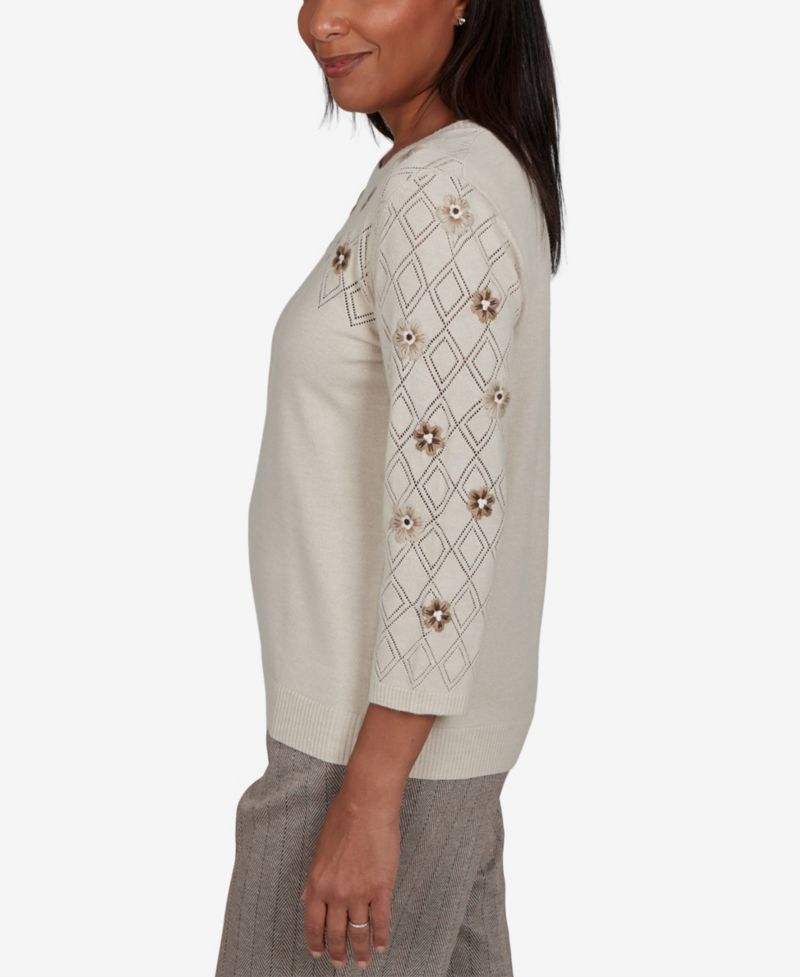 Women's 3/4-Sleeve Pointelle Diamond-Pattern Floral-Embellished Sweater