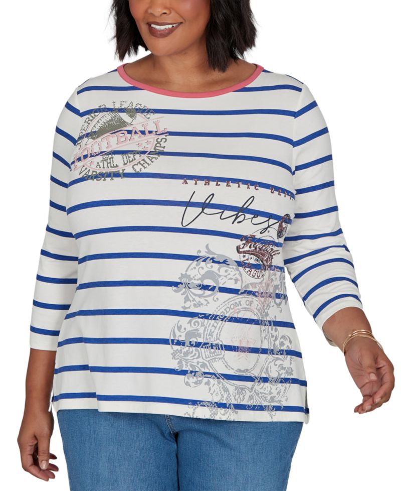 Plus Size Stripe Boat Neck 3/4-Sleeve Top