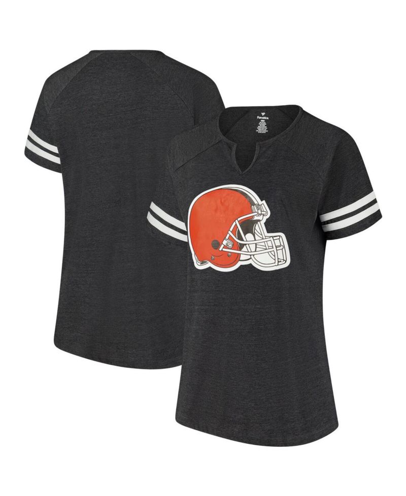 Women's Charcoal Cleveland Browns Plus Size Logo Striped Raglan Notch Neck T-Shirt