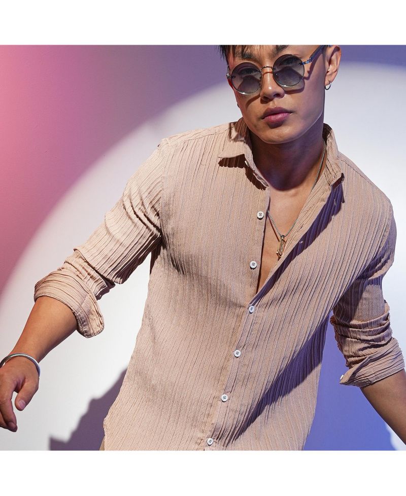Men's Light Beige Self-Design Striped Shirt