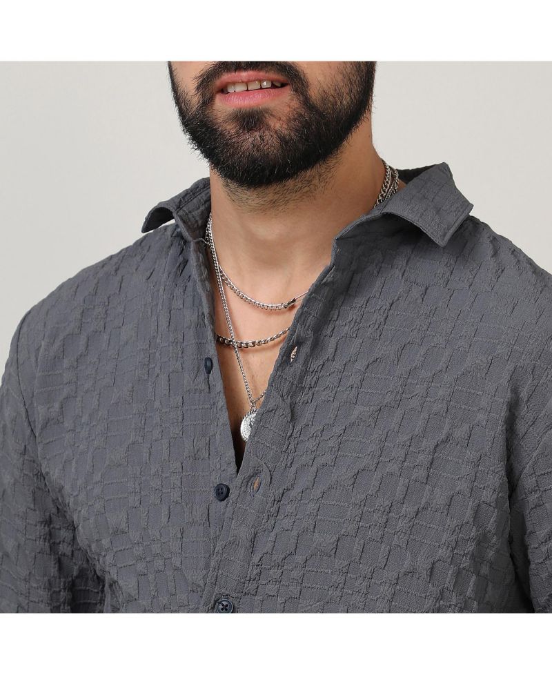 Men's Charcoal Grey Embossed Geometric Shirt