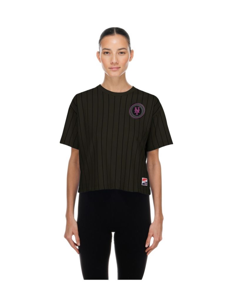 Women's Charcoal New York Mets City Connect Throwback Meshback Pinstripe Boxy T-Shirt