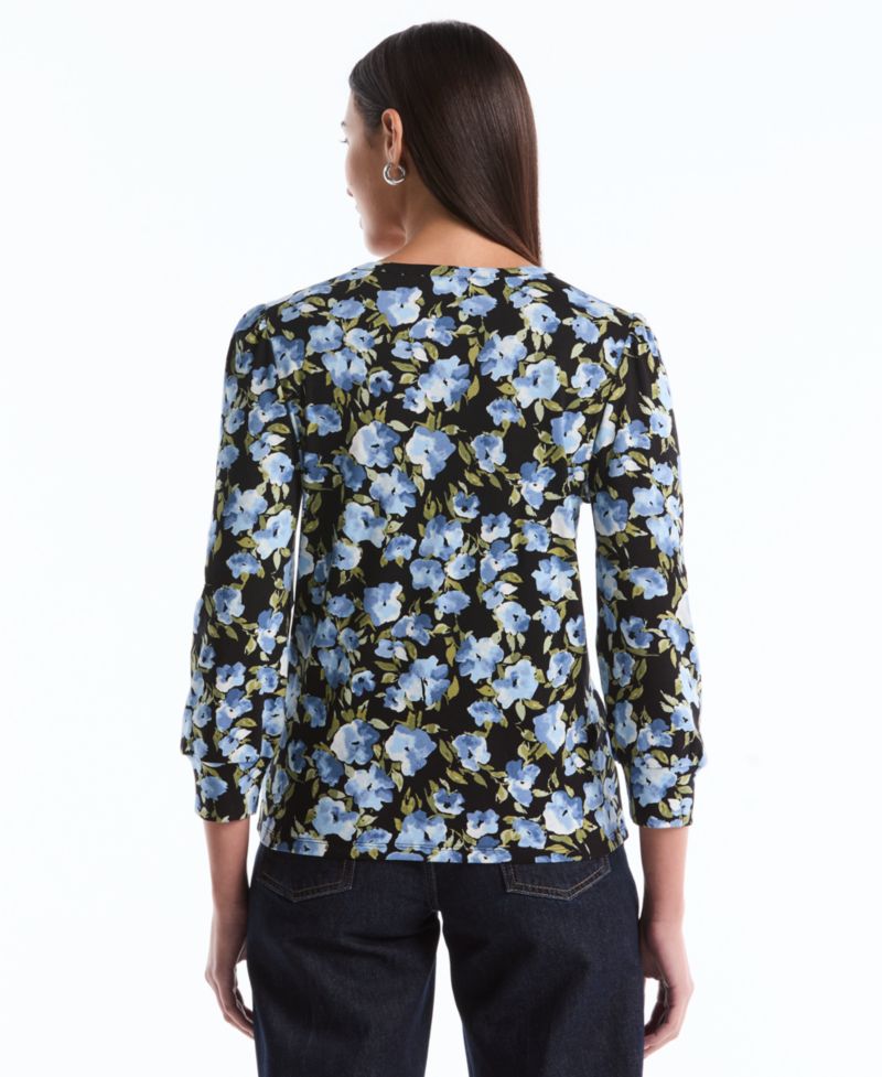 Petite Floral Print Shirred Henley Neck Top