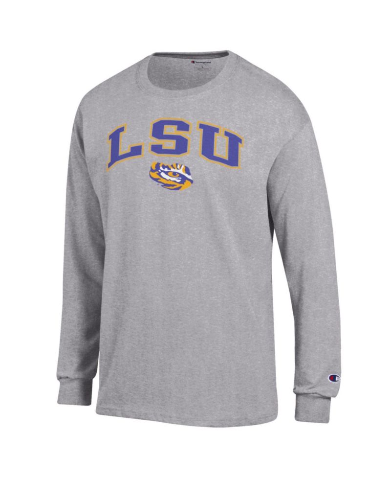Men's Champion Heather Gray LSU Tigers Arch Over Logo Long Sleeve T-Shirt