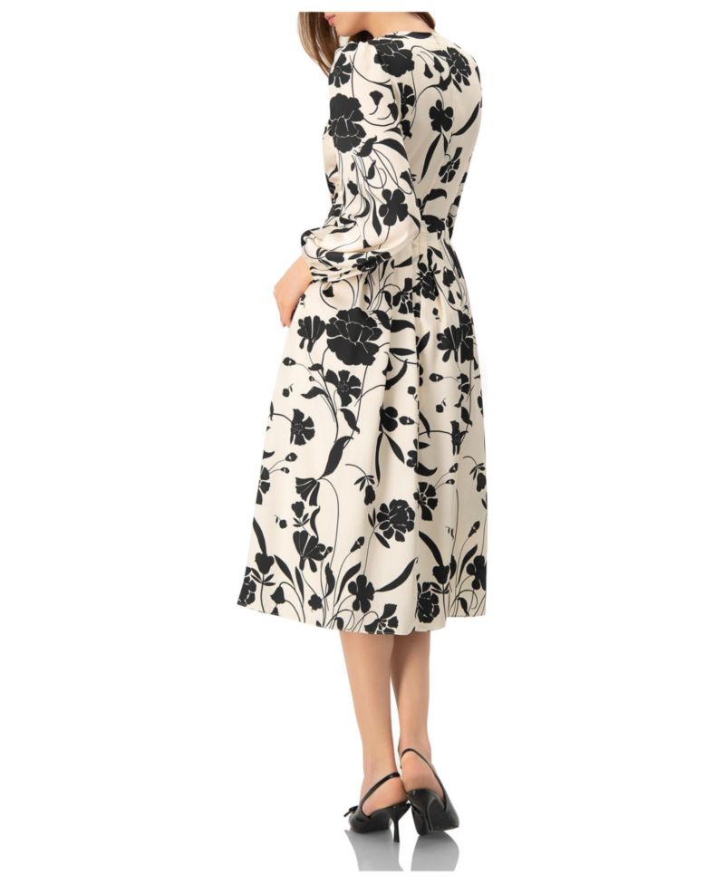 Women's V-Neck Midi Dress with Long Sleeves
