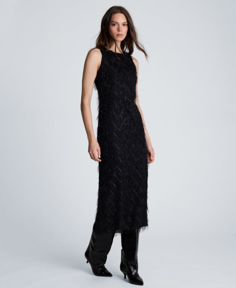 Women's Sleeveless Novelty Fringed Organza Midi Dress