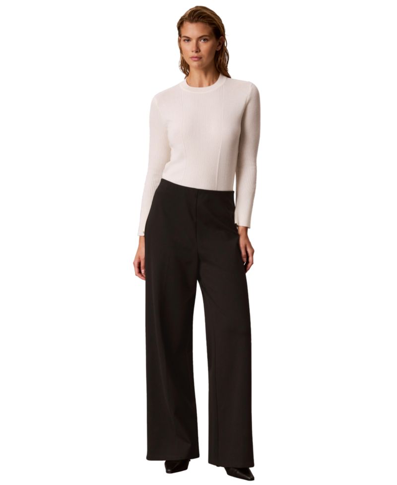 Petite Ribbed Sculpted-Sleeve Crewneck Sweater